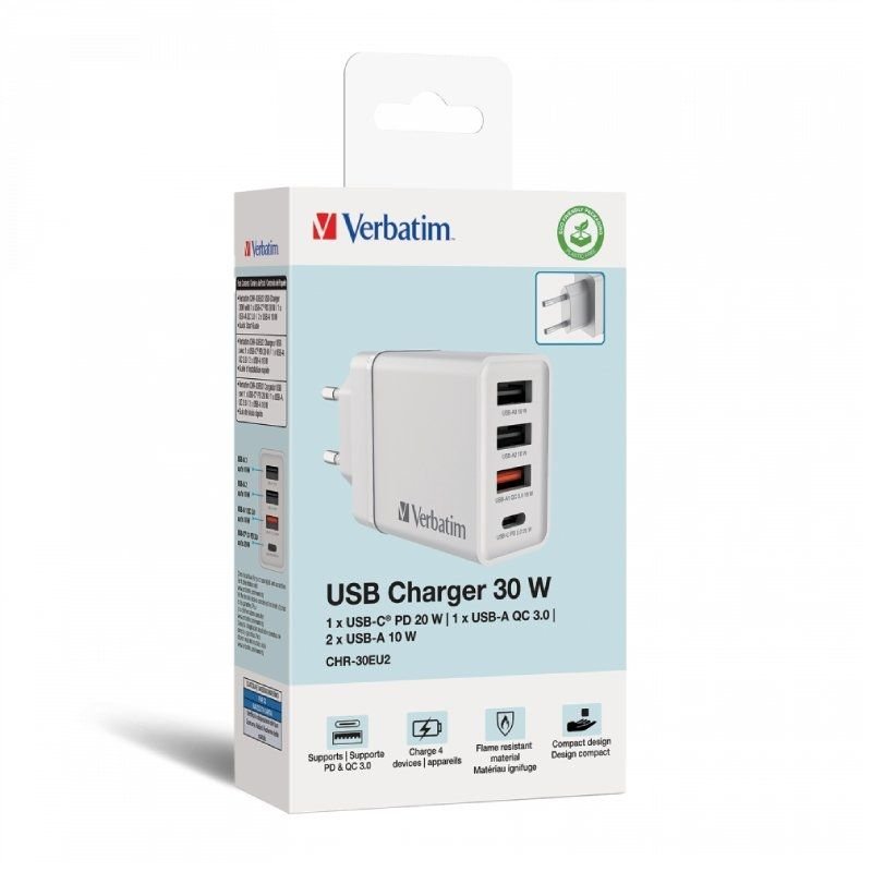 Carregador de Parede GaN Verbatim CHR-30EU2| 1xUSB Tipo-C| 3xUSB| 30W