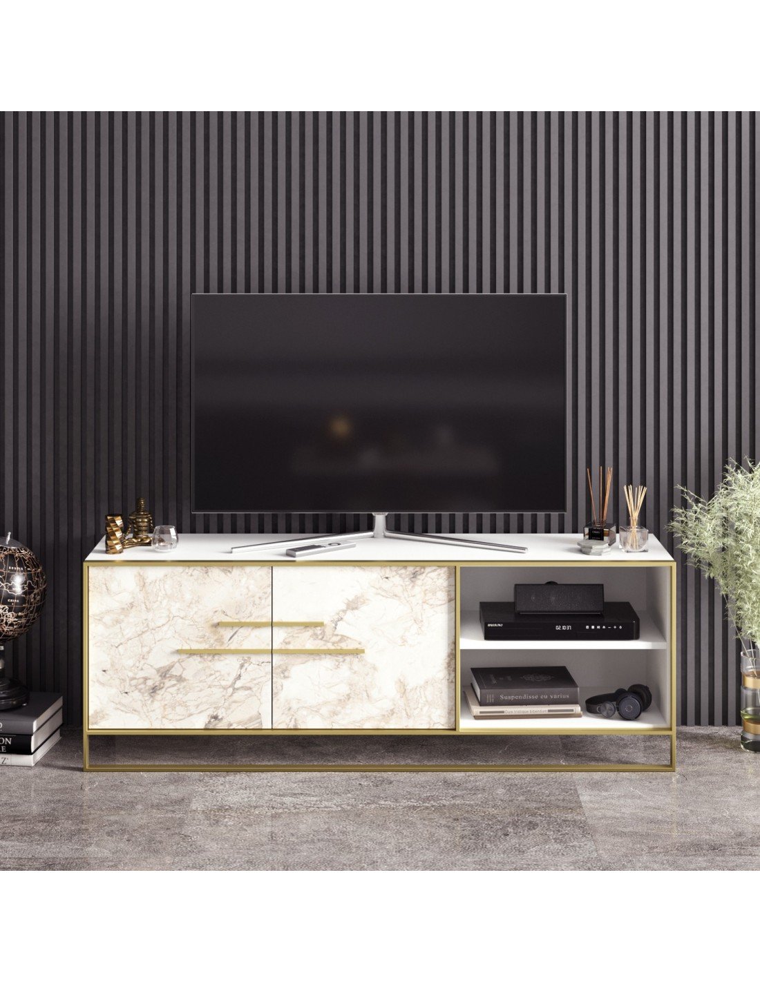 Móvel TV SIENA, bilaminado mármore branco com metal dourado, 160 cms