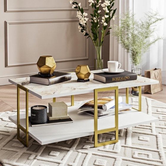 Mesa baixa SIENA, bilaminado mármore branco e metal dourado 91,5 cms