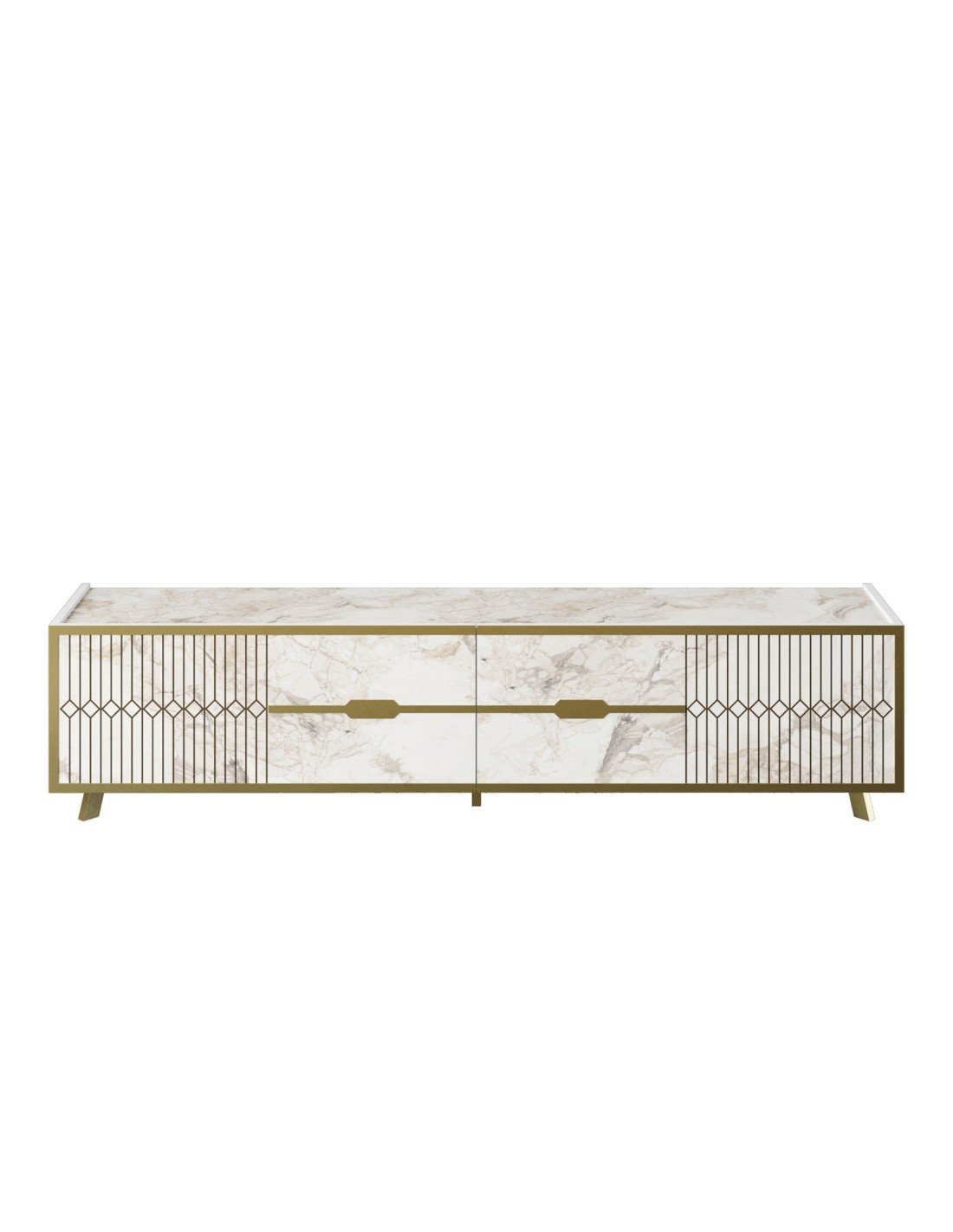 Móvel TV ELOISE, bilaminado mármore branco com detalhes dourados, 180 cms