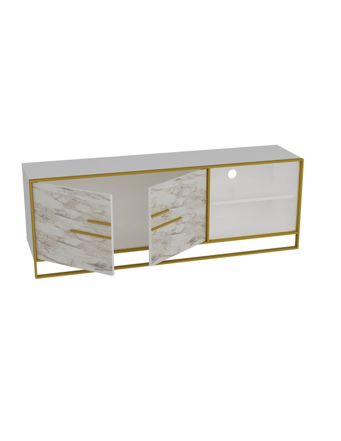 Móvel TV SIENA, bilaminado mármore branco com metal dourado, 160 cms
