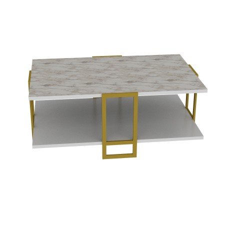 Mesa baixa SIENA, bilaminado mármore branco e metal dourado 91,5 cms