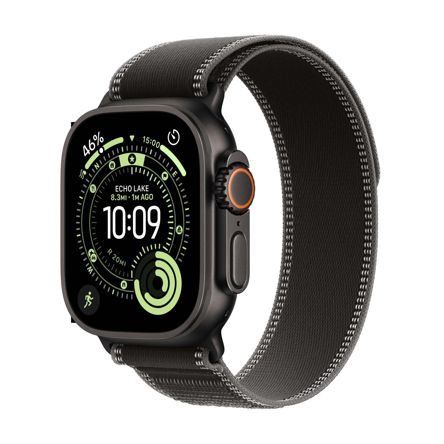 Apple Watch Ultra 3 | GPS| telemóvel| 49mm| Caixa preta de titânio | Cinto S|M preto em loop de trilha