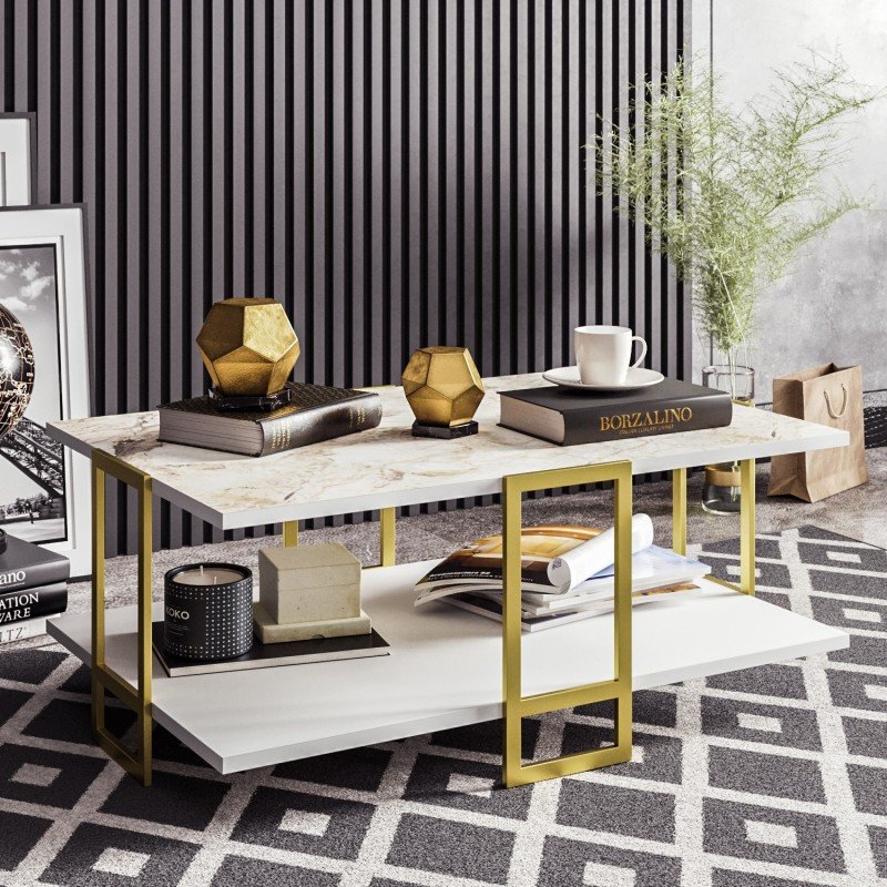 Mesa baixa SIENA, bilaminado mármore branco e metal dourado 91,5 cms