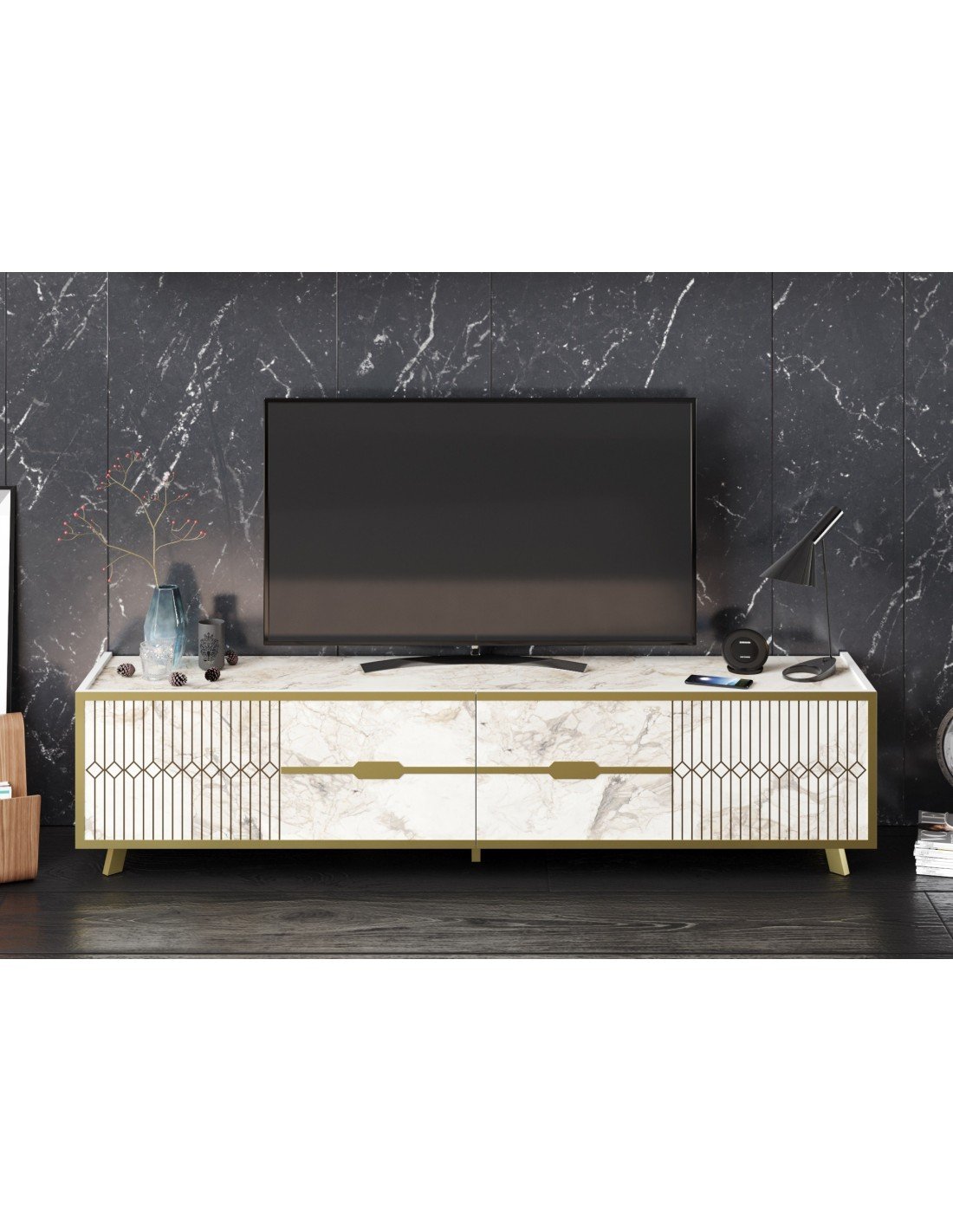 Móvel TV ELOISE, bilaminado mármore branco com detalhes dourados, 180 cms