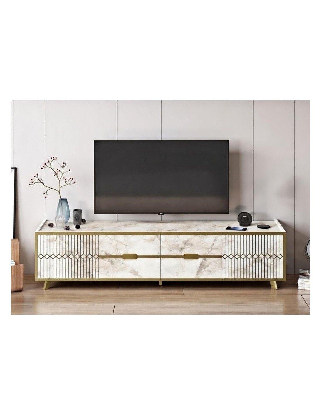Móvel TV ELOISE, bilaminado mármore branco com detalhes dourados, 180 cms