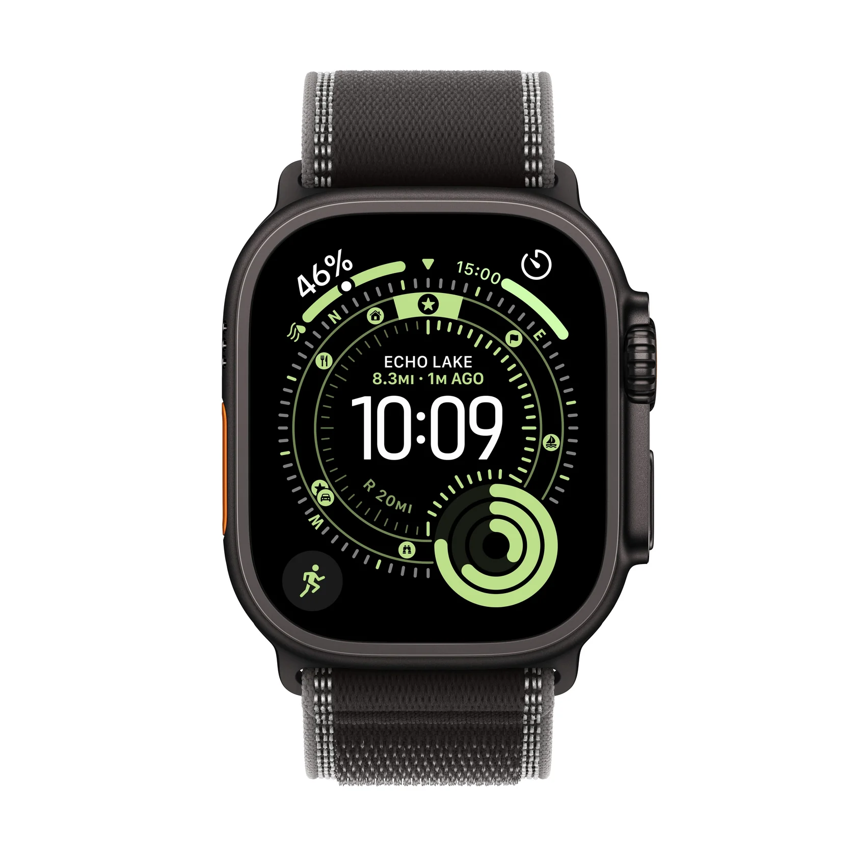 Apple Watch Ultra 3 | GPS| telemóvel| 49mm| Caixa preta de titânio | Cinto S|M preto em loop de trilha