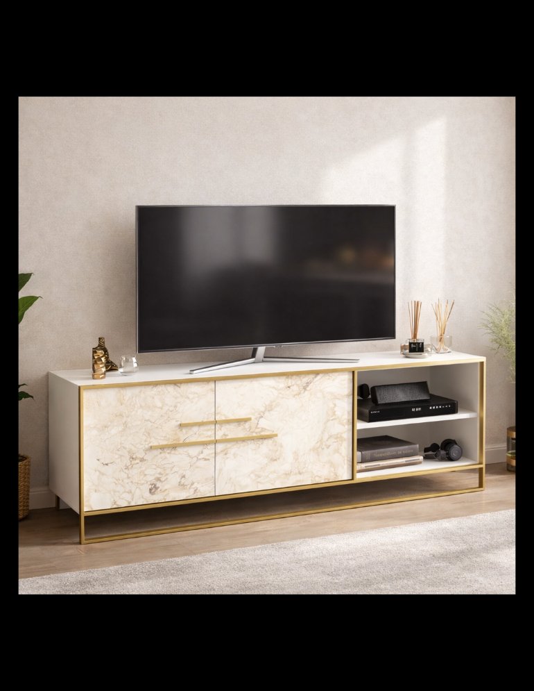 Móvel TV SIENA, bilaminado mármore branco com metal dourado, 160 cms