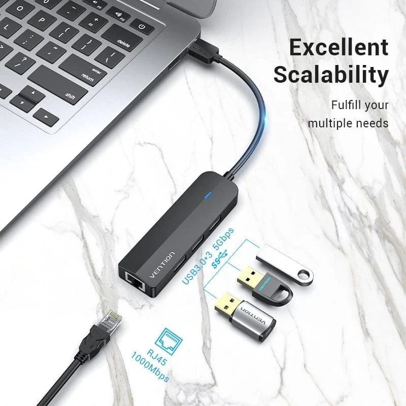 Hub USB 3.0 Vention CHNBB| RJ45| 3xUSB| 1xMiCousB PD