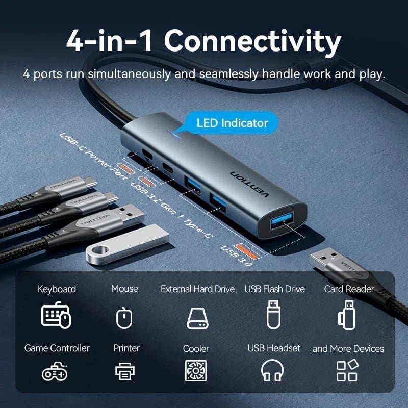 Hub USB 3.0 Vention TGXHB| 1xUSB Tipo-c| 3xUSB| 1xUSB Tipo-C PD| Cinzento