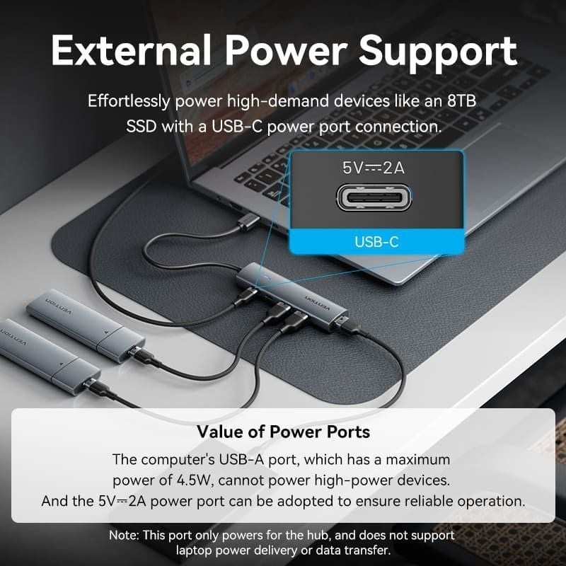 Hub USB 3.0 Vention TGXHB| 1xUSB Tipo-c| 3xUSB| 1xUSB Tipo-C PD| Cinzento