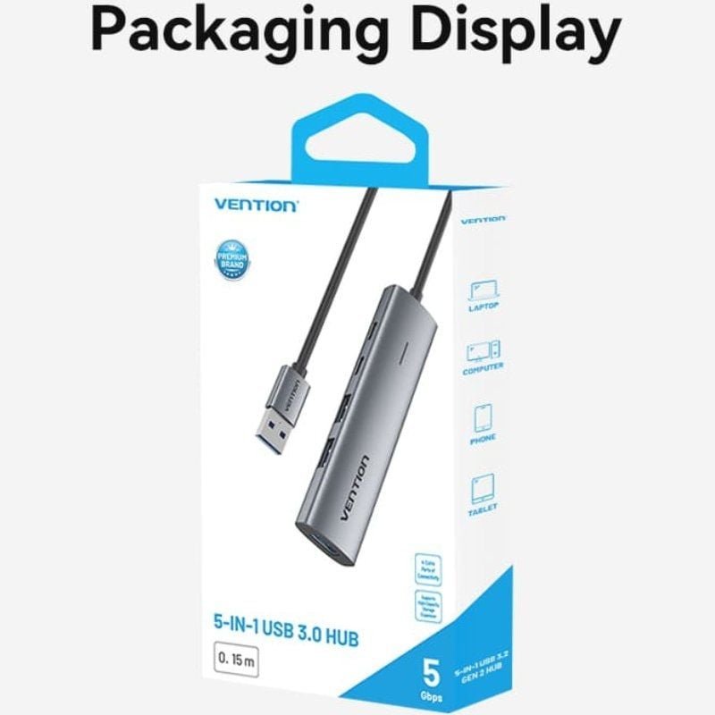 Hub USB 3.0 Vention TGXHB| 1xUSB Tipo-c| 3xUSB| 1xUSB Tipo-C PD| Cinzento