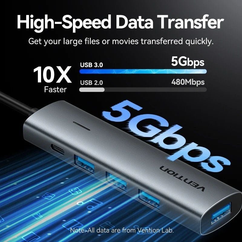 Hub USB Tipo-C 3.0 Vention TGZHB| 3xUSB| 1xUSB Tipo-C PD| Cinzento