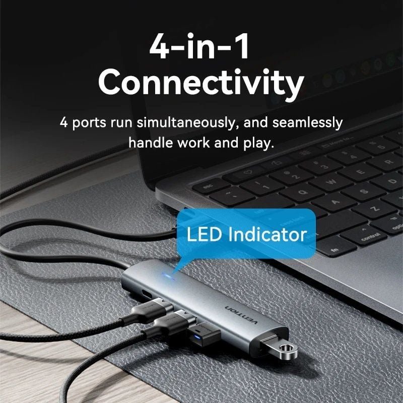 Hub USB Tipo-C 3.0 Vention TGZHB| 3xUSB| 1xUSB Tipo-C PD| Cinzento