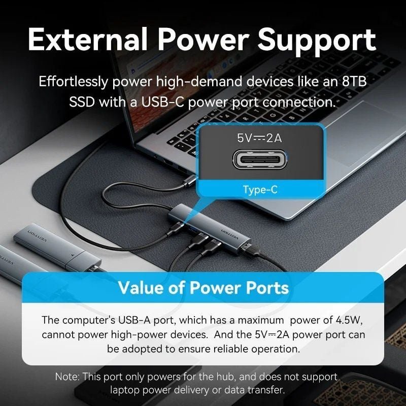 Hub USB Tipo-C 3.0 Vention TGZHB| 3xUSB| 1xUSB Tipo-C PD| Cinzento
