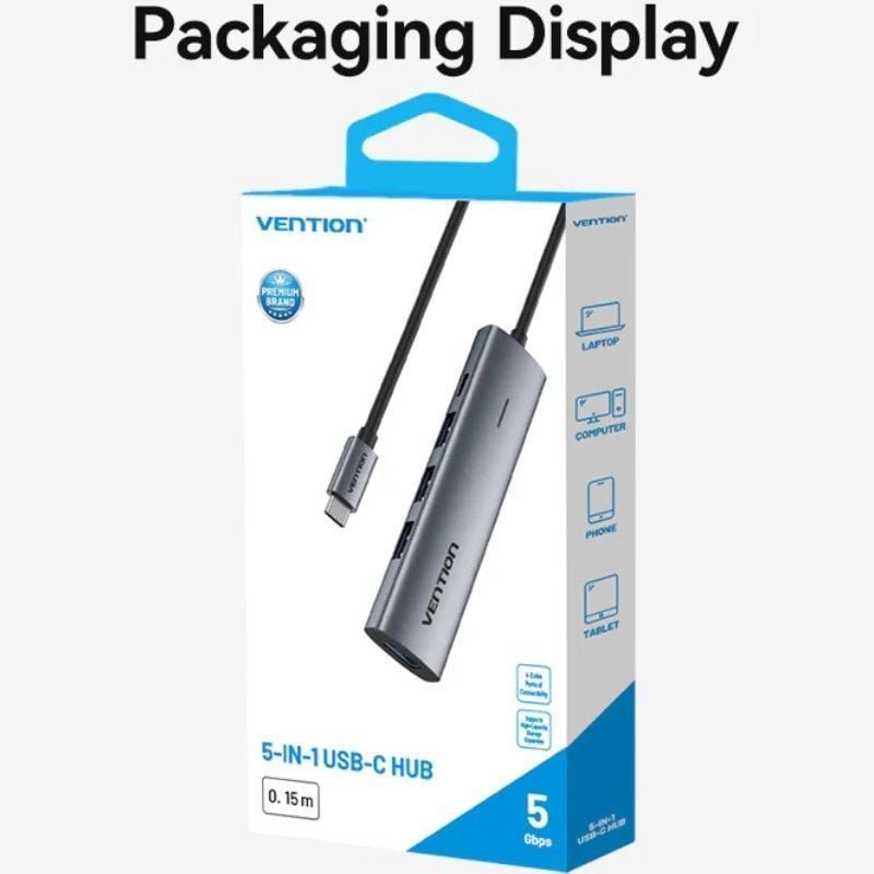 Hub USB Tipo-C 3.0 Vention TGZHB| 3xUSB| 1xUSB Tipo-C PD| Cinzento