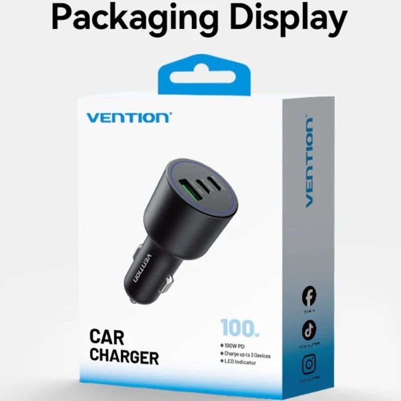 Carregador de carro Vention FFQB0| 2xUSB-Tipo C| 1xUSB| 100W