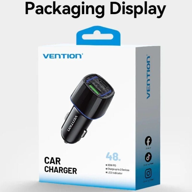 Carregador de carro Vention FFRB0| 1xUSB-Tipo C| 1xUSB| 48W