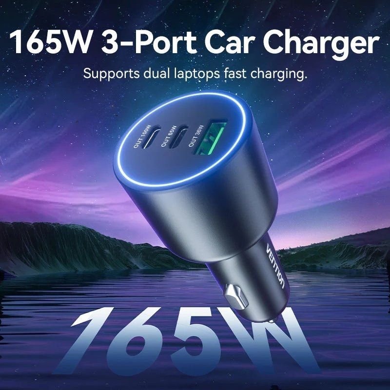 Carregador de carro Vention FFPB0| 2xUSB-Tipo C| 1xUSB| 165 W