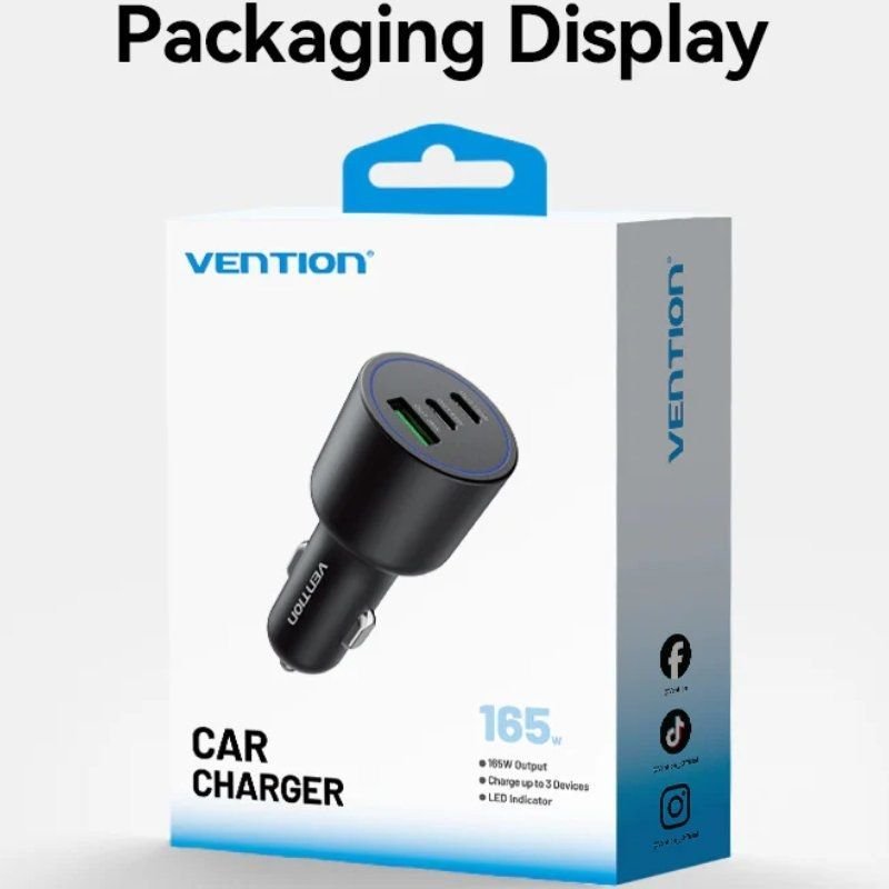 Carregador de carro Vention FFPB0| 2xUSB-Tipo C| 1xUSB| 165 W