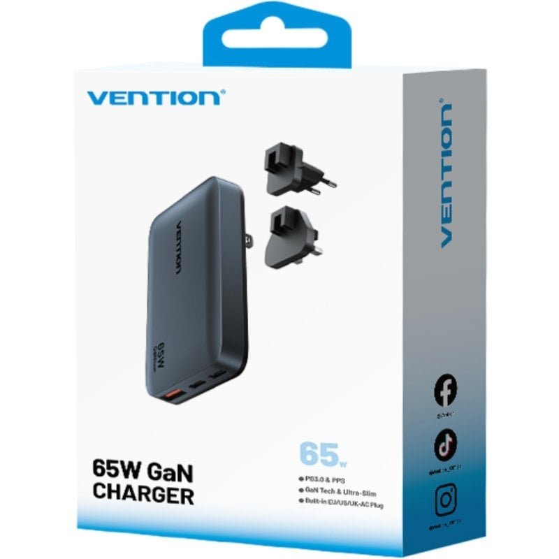 Carregador de Parede Universal GaN para Viagem Vention FCBH0| 2xUSB Tipo-C| 1x USB| 65W