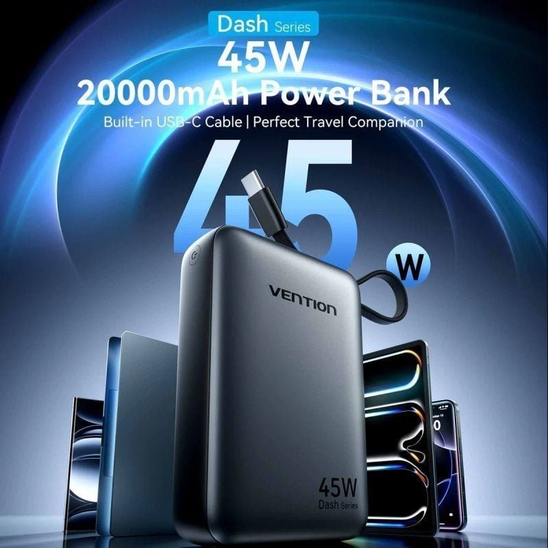 Powerbank 20000mAh Vention FHGH0| 45W| Gris| Inclui Cabo USB Tipo-C