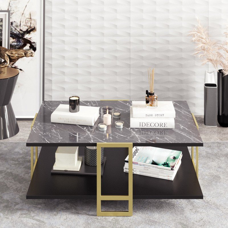 Mesa baixa SIENA, bilaminado mármore preto e metal dourado 91,5 cms