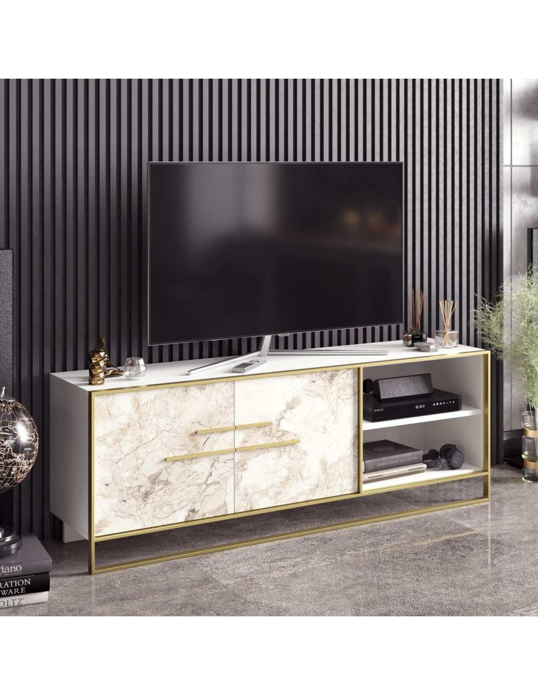 Móvel TV SIENA, bilaminado mármore branco com metal dourado, 160 cms