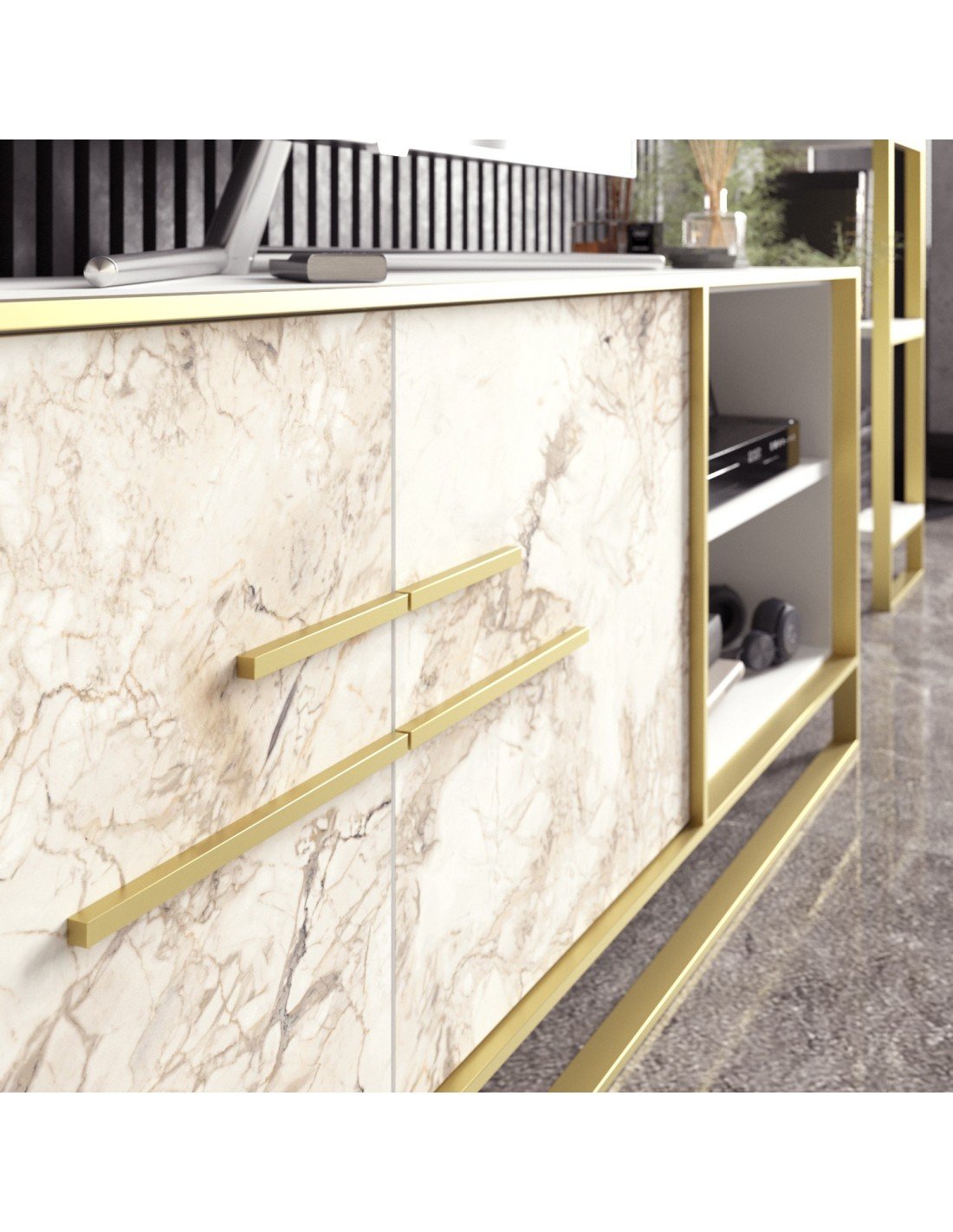 Móvel TV SIENA, bilaminado mármore branco com metal dourado, 160 cms
