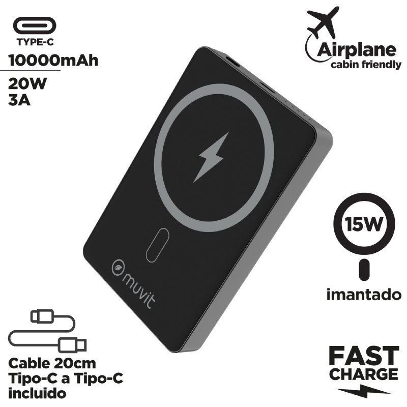 Powerbank 10000mAh Muvit para mudança MCCHP0010| 20W| Sem fio | Preto| Inclui cabo USB tipo C