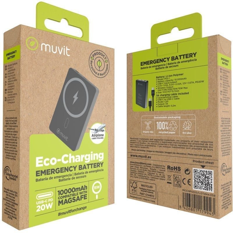 Powerbank 10000mAh Muvit para mudança MCCHP0010| 20W| Sem fio | Preto| Inclui cabo USB tipo C