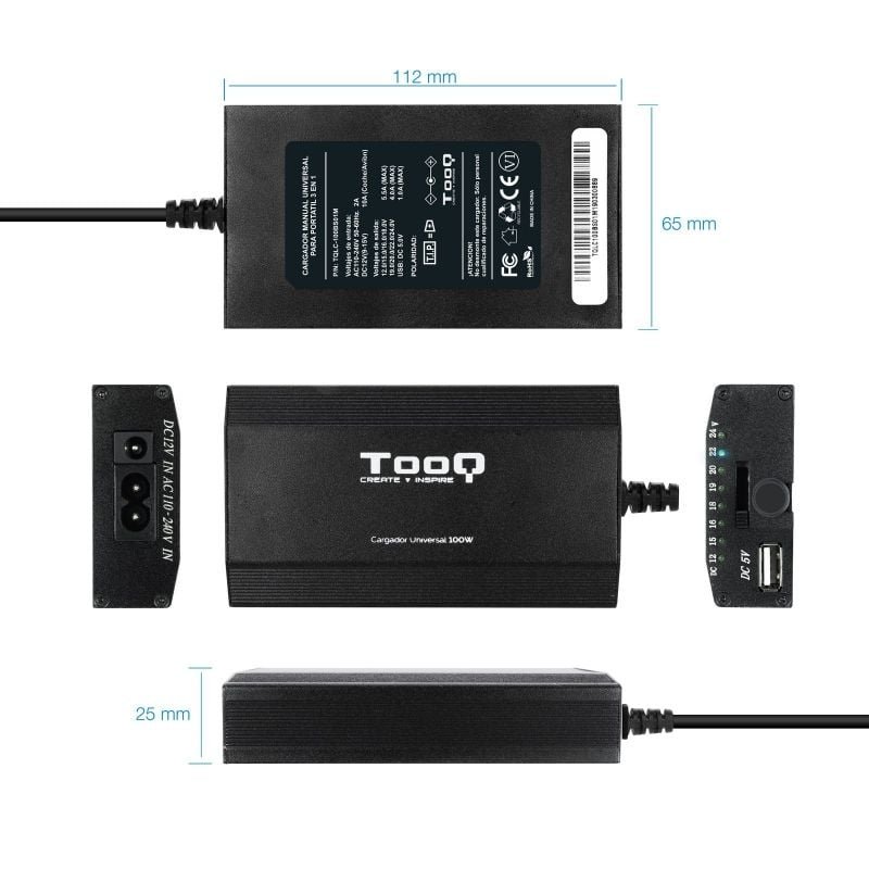 TooQ TQLC-100BS01M carregador de portátil| 1xUSB| 100W| Manual| 12 conectores| Tensão 12-24V