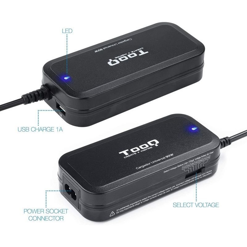 TooQ TQLC-90BS02M carregador de portátil| 1xUSB| 90W| Manual| 12 conectores| Tensão 15-24V