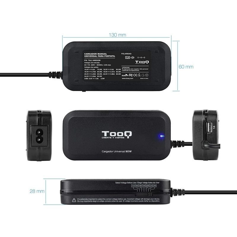TooQ TQLC-90BS02M carregador de portátil| 1xUSB| 90W| Manual| 12 conectores| Tensão 15-24V