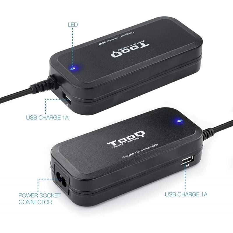 TooQ TQLC-90BS02AT Carregador de portátil| 90W| 2xUSB| Automático| 12 conectores| Tensão 12-20V