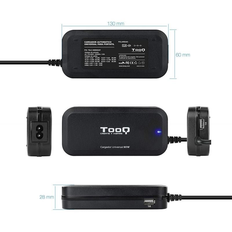 TooQ TQLC-90BS02AT Carregador de portátil| 90W| 2xUSB| Automático| 12 conectores| Tensão 12-20V