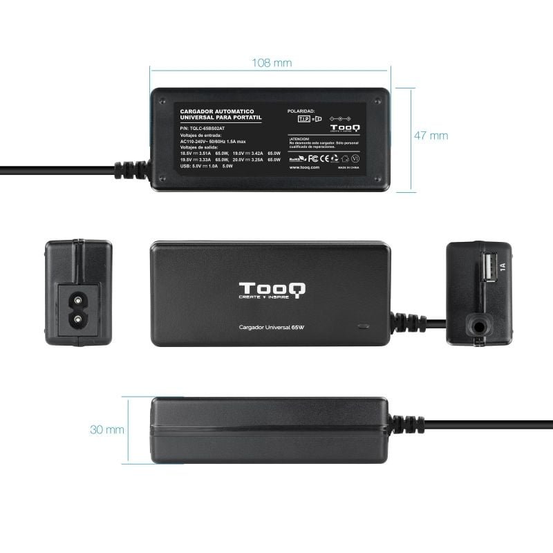TooQ TQLC-65BS02AT Carregador de portátil | 65W| 1xUSB| Automático| 8 conectores| Tensão 18,5-20V| 1 USB