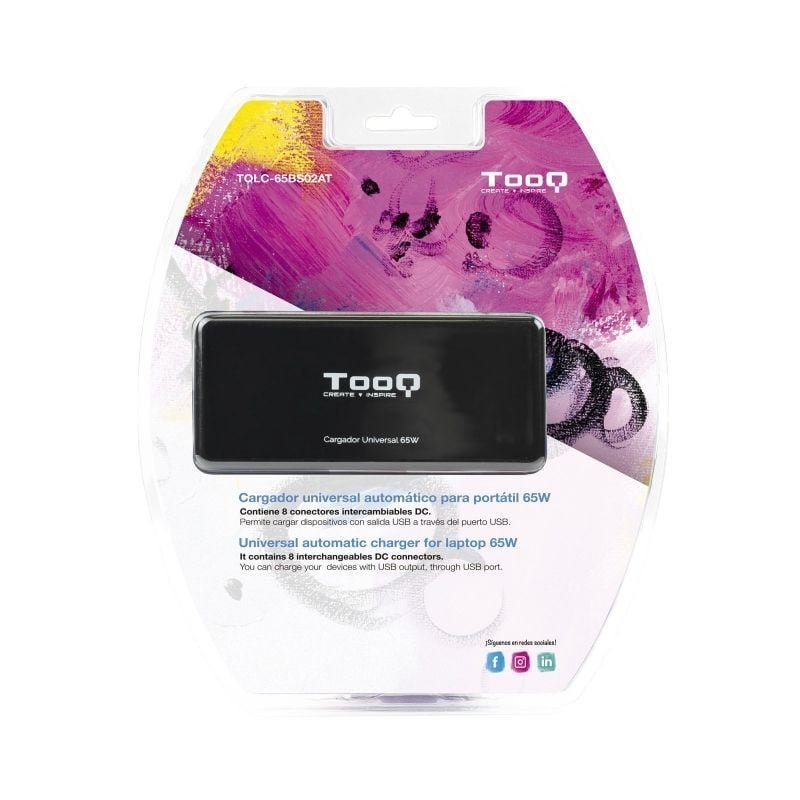 TooQ TQLC-65BS02AT Carregador de portátil | 65W| 1xUSB| Automático| 8 conectores| Tensão 18,5-20V| 1 USB