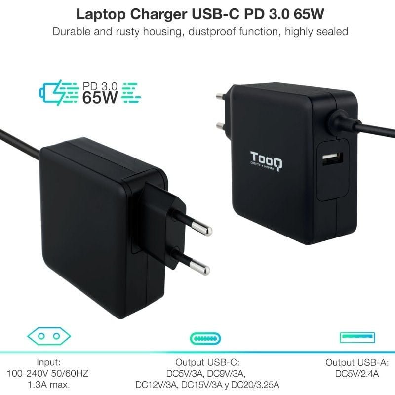 TooQ TQLC-USBC65PD USB Tipo-C carregador de portátil | 1xUSB| 65W| Automático| Tensão 5-20V