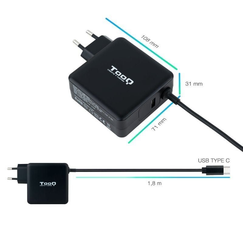 TooQ TQLC-USBC65PD USB Tipo-C carregador de portátil | 1xUSB| 65W| Automático| Tensão 5-20V