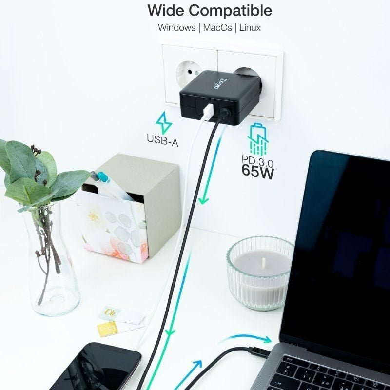 TooQ TQLC-USBC65PD USB Tipo-C carregador de portátil | 1xUSB| 65W| Automático| Tensão 5-20V