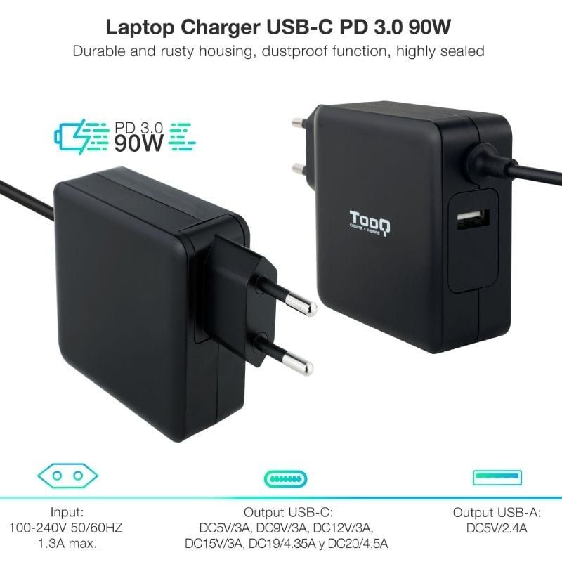 TooQ TQLC-USBC90PD USB Tipo-C carregador de portátil | 1xUSB| 90W| Automático| Tensão 5-20V