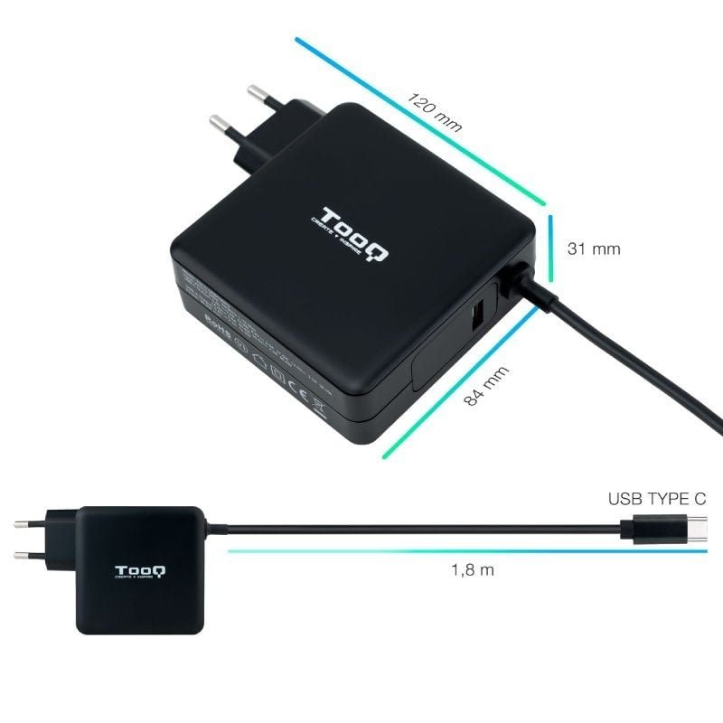 TooQ TQLC-USBC90PD USB Tipo-C carregador de portátil | 1xUSB| 90W| Automático| Tensão 5-20V