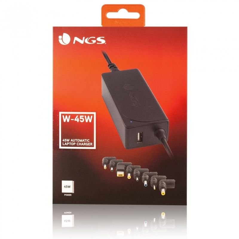 Carregador de portátil NGS W-45W| 1xUSB| 45W| Automático| 8 conectores| Tensão 19-20V