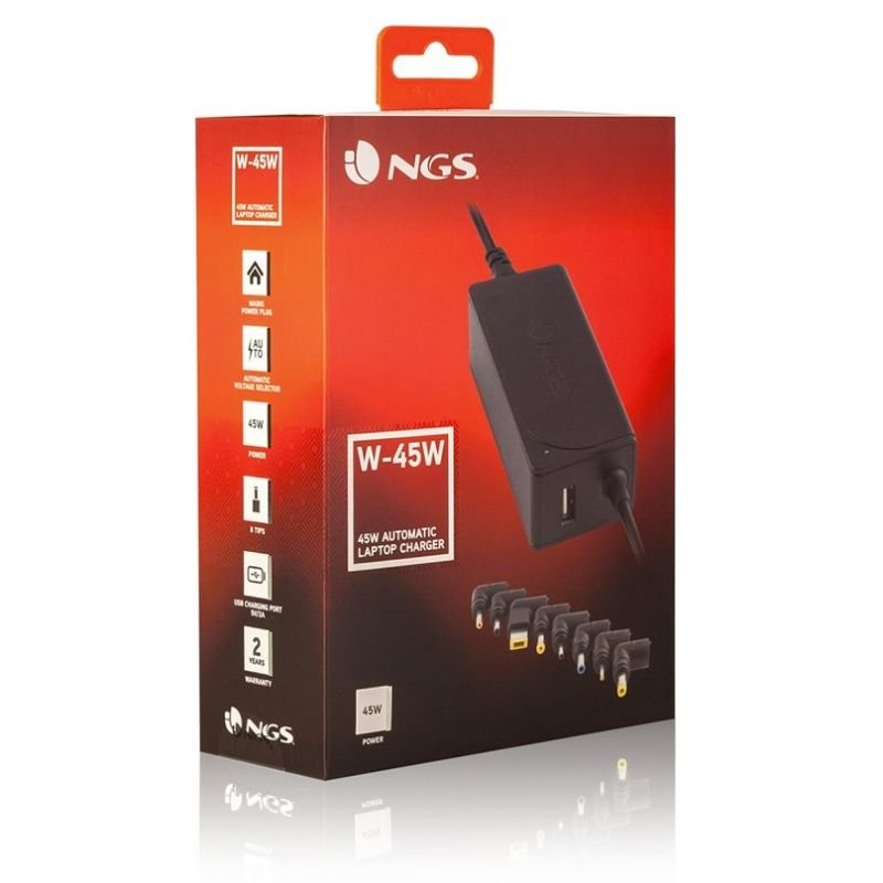 Carregador de portátil NGS W-45W| 1xUSB| 45W| Automático| 8 conectores| Tensão 19-20V