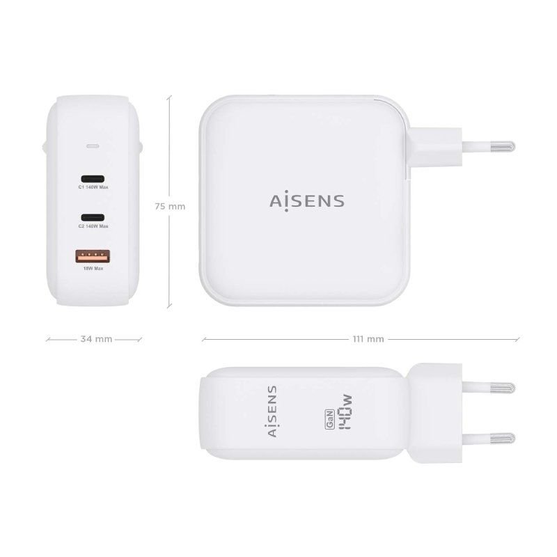 Cargador de Parede GaN Aisens ASCH-140W3P030-W| 2xUSB Tipo-C| 1xUSB| 140W