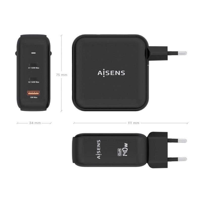 Cargador de Parede GaN Aisens ASCH-140W3P031-BK| 2xUSB Tipo-C| 1xUSB| 140W