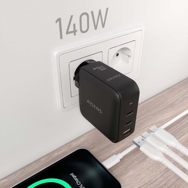 Cargador de Parede GaN Aisens ASCH-140W3P031-BK| 2xUSB Tipo-C| 1xUSB| 140W