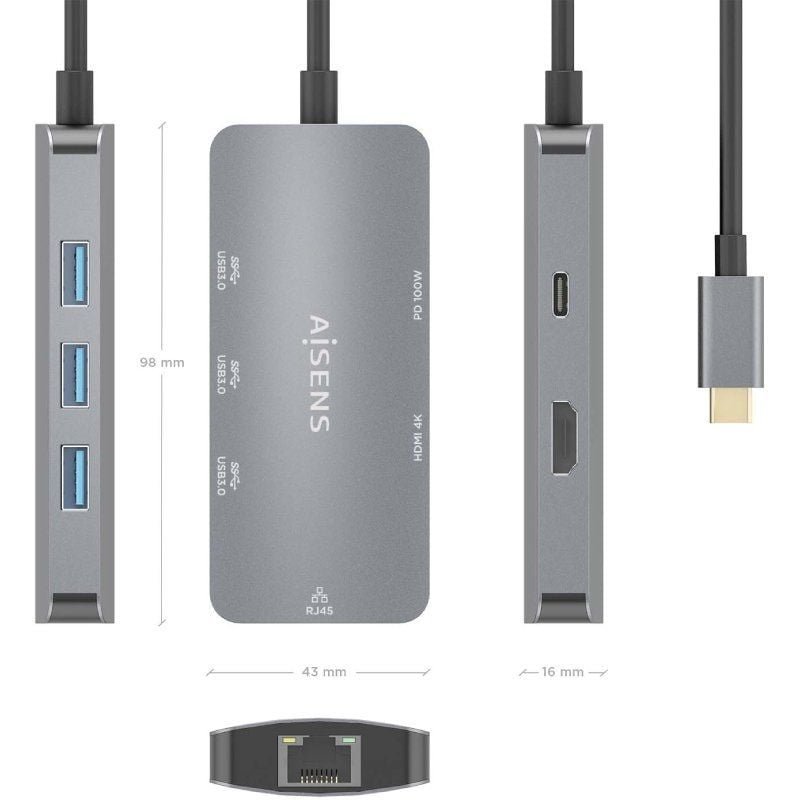 Docking USB Tipo-C Aisens ASUC-6P019-GR| 1xHDMI 4K| 3xUSB| 1xRJ45| 1xUSB Tipo-C PS| Cinza