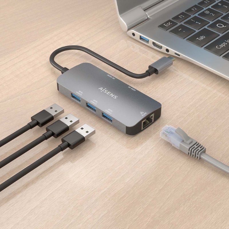 Docking USB Tipo-C Aisens ASUC-6P019-GR| 1xHDMI 4K| 3xUSB| 1xRJ45| 1xUSB Tipo-C PS| Cinza